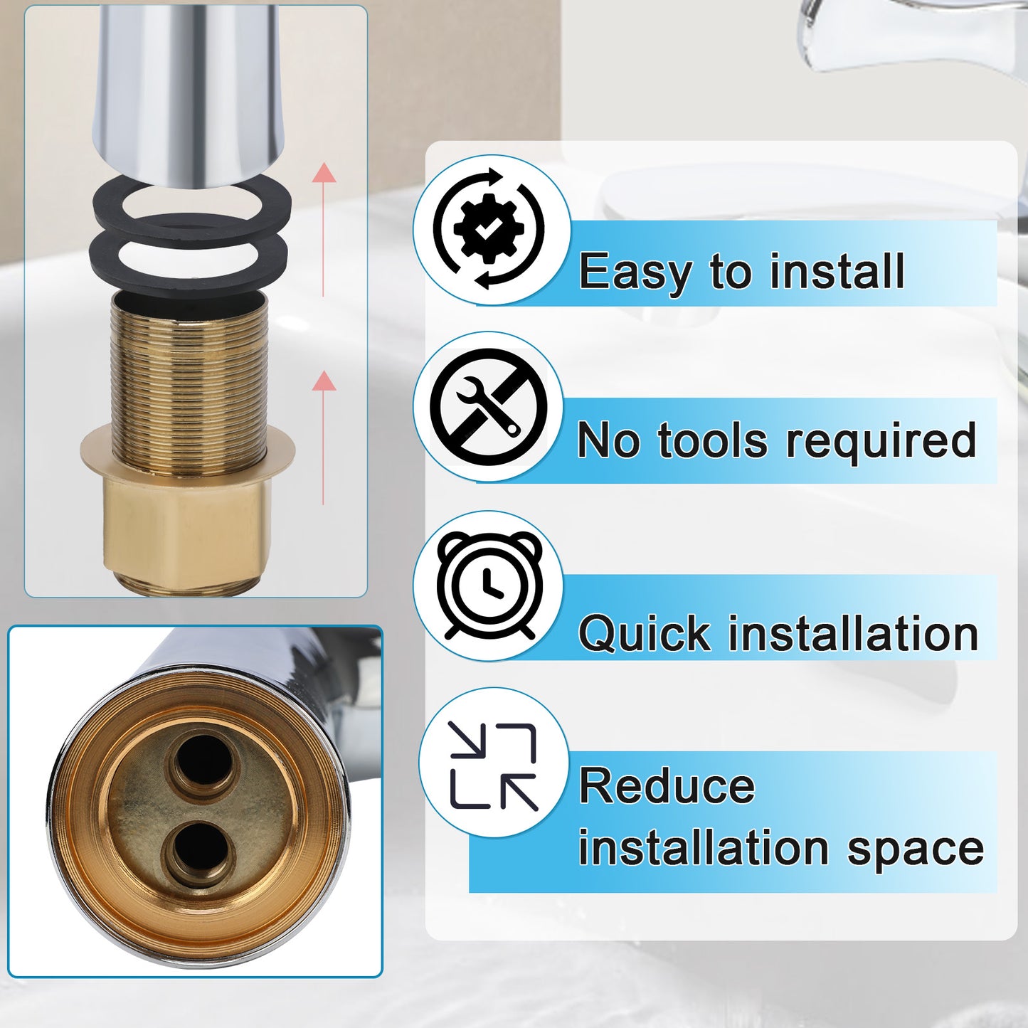Brass plumbing fitting with installation features and tools on a white background
