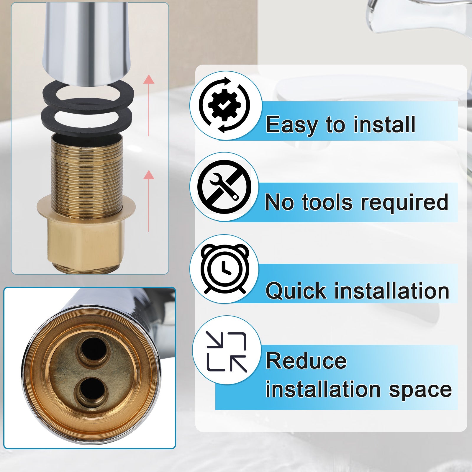 Brass plumbing fitting with installation features and tools on a white background