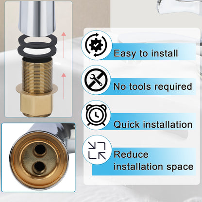 Brass plumbing fitting with installation features and tools on a white background