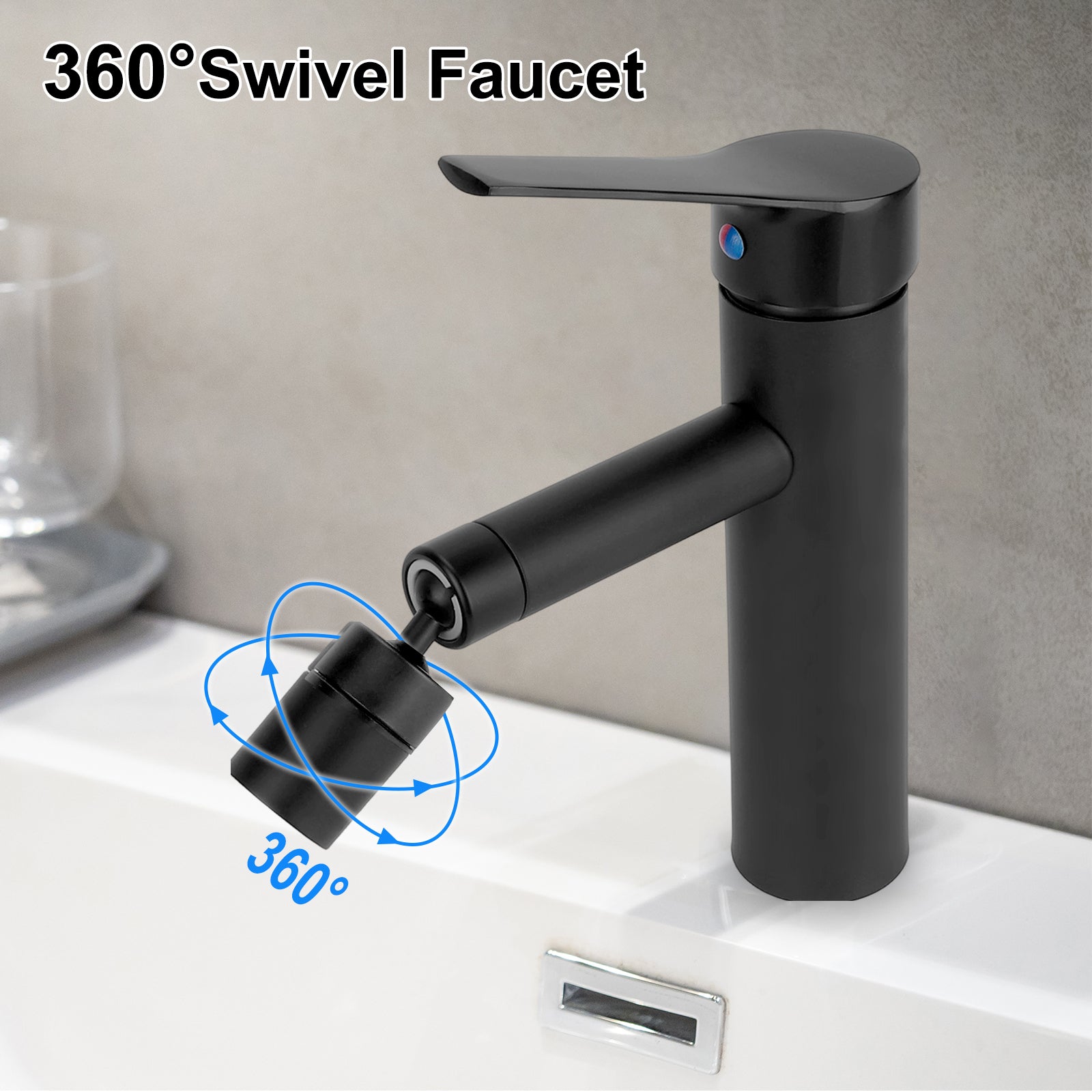 Black 360° swivel faucet on a sink with a neutral background