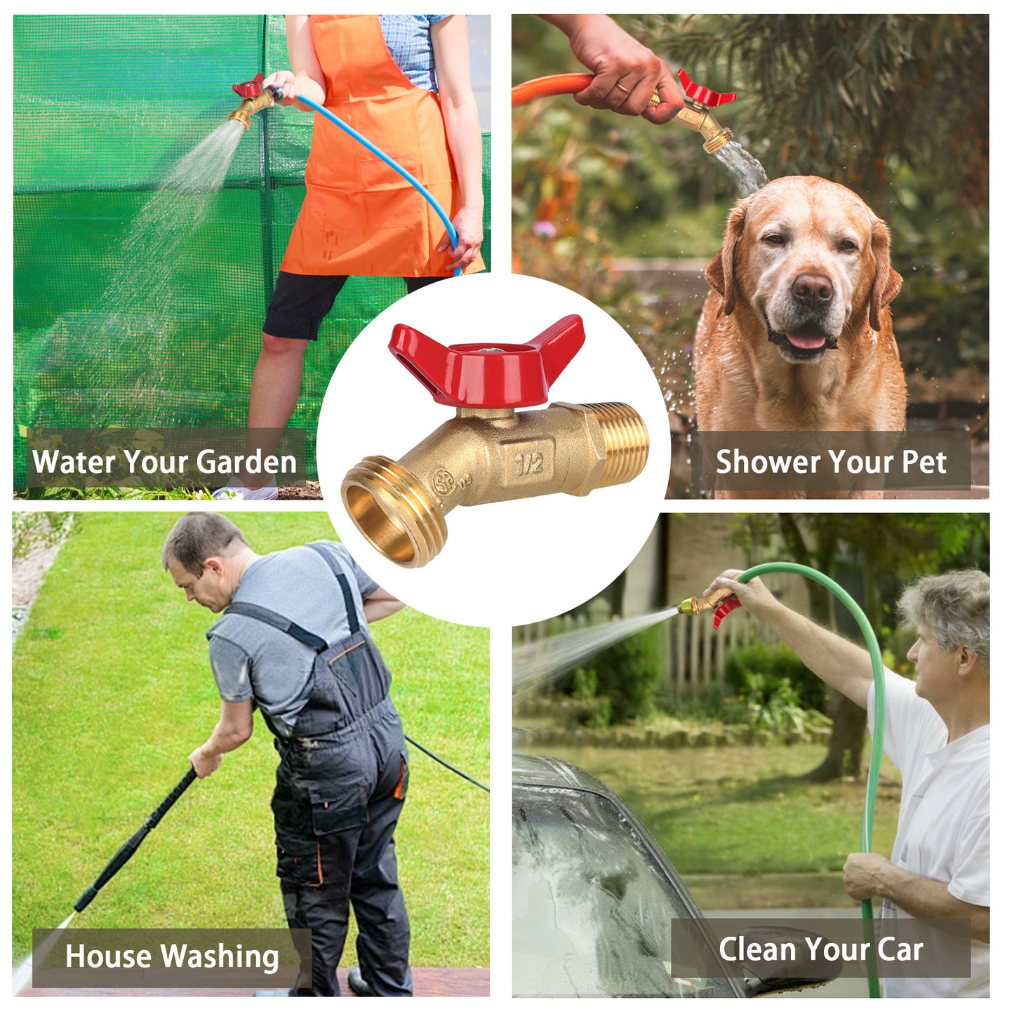 Collage of a brass valve with uses for water, including gardening, pet showering, house washing, and car cleaning.