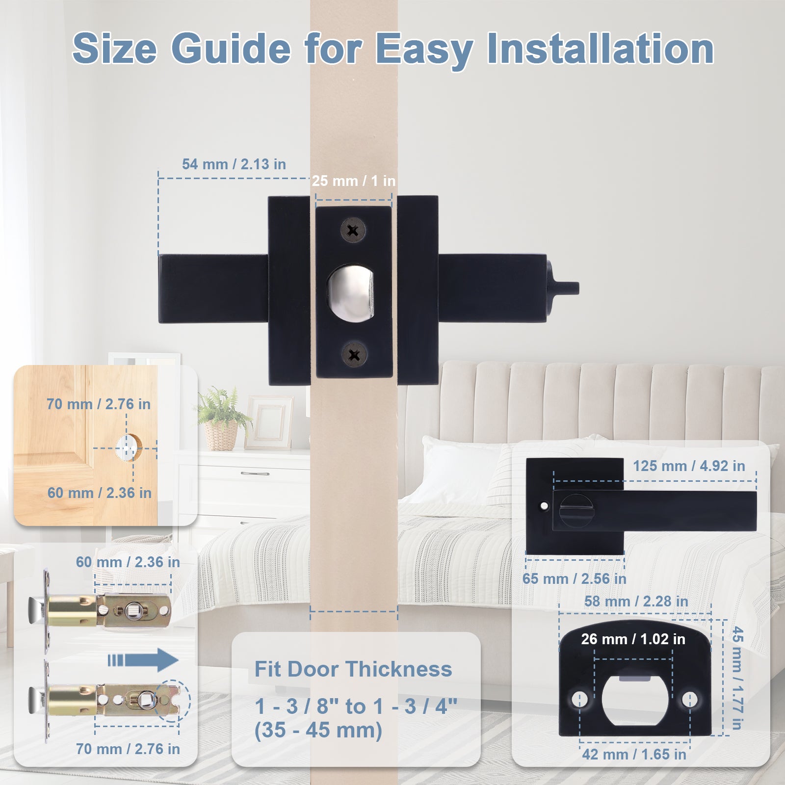 Size guide for door hardware installation with measurements and illustrations.