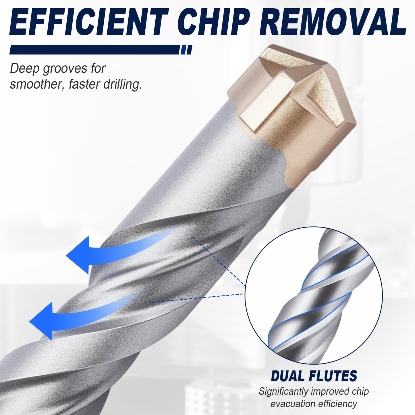 A close-up promotional graphic of a metal drill bit with a gold-colored cutting tip, shown on a light gray background with marketing text reading 'EFFICIENT CHIP REMOVAL' and 'DUAL FLUTES'. Blue arrows and a circular inset highlight the drill flute design.