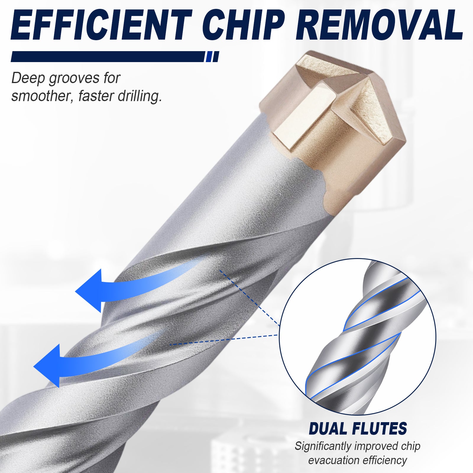 A close-up promotional graphic of a metal drill bit with a gold-colored cutting tip, shown on a light gray background with marketing text reading 'EFFICIENT CHIP REMOVAL' and 'DUAL FLUTES'. Blue arrows and a circular inset highlight the drill flute design.