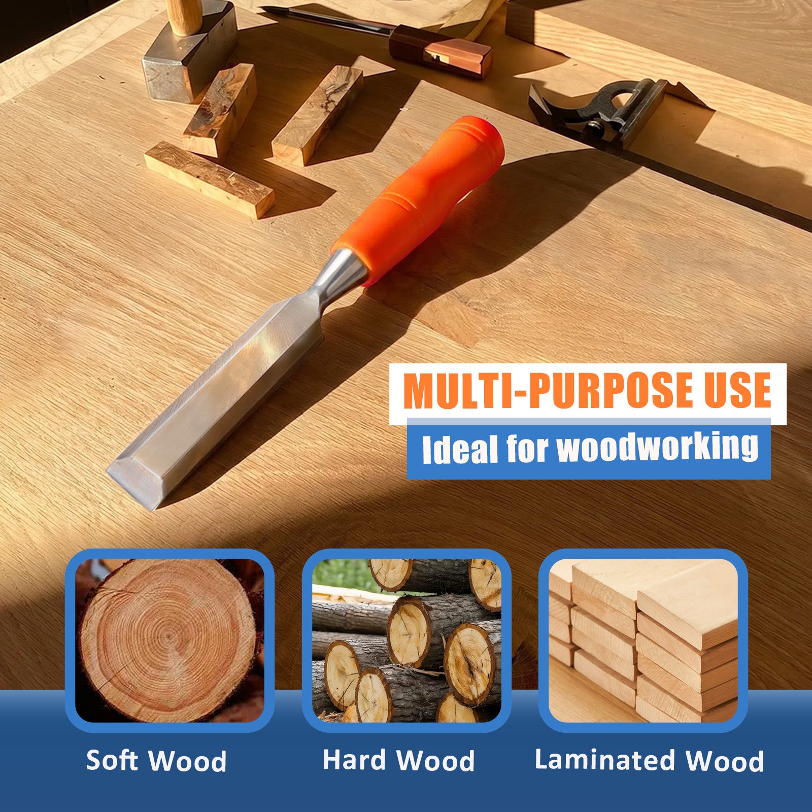 Wood chisel with orange handle on a wooden surface, surrounded by wood-related images and text.