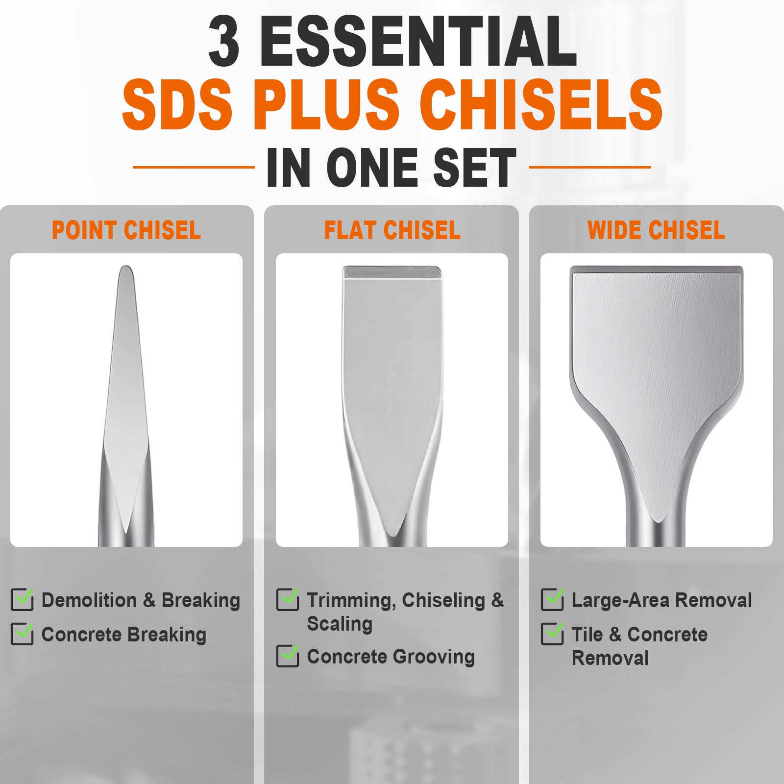 Promotional graphic for a set of three essential SDS Plus chisels: Point Chisel, Flat Chisel, and Wide Chisel. The image shows three metallic chisel heads side by side with text describing their uses, such as demolition, trimming, and large-area concrete removal.