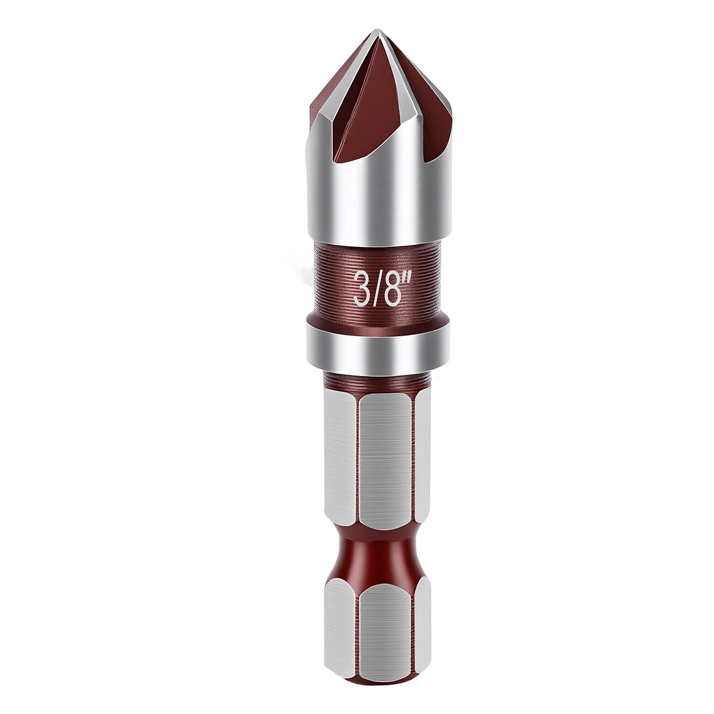 Metal drill bit with red and silver design on a white background