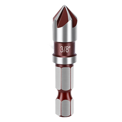 Metal drill bit with red and silver design on a white background