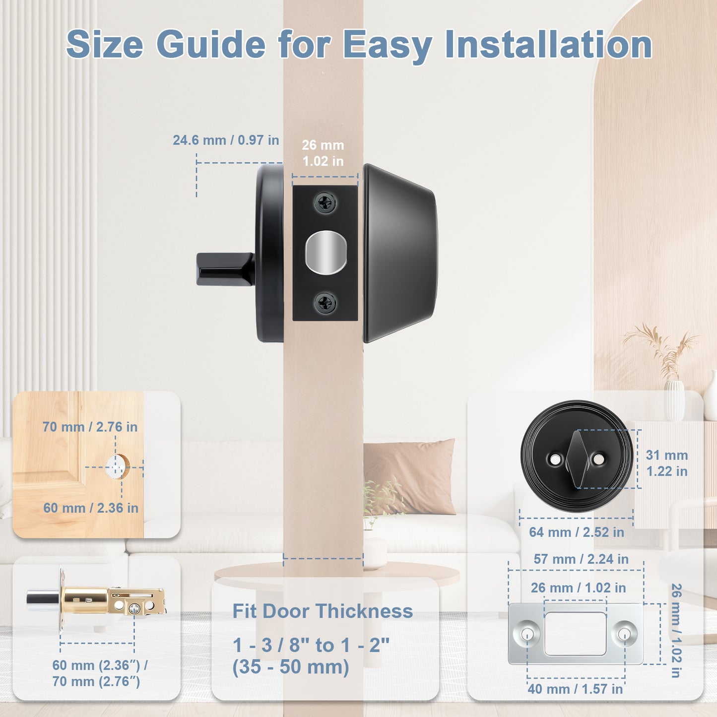 Size guide for a door handle installation with measurements and fitting information.