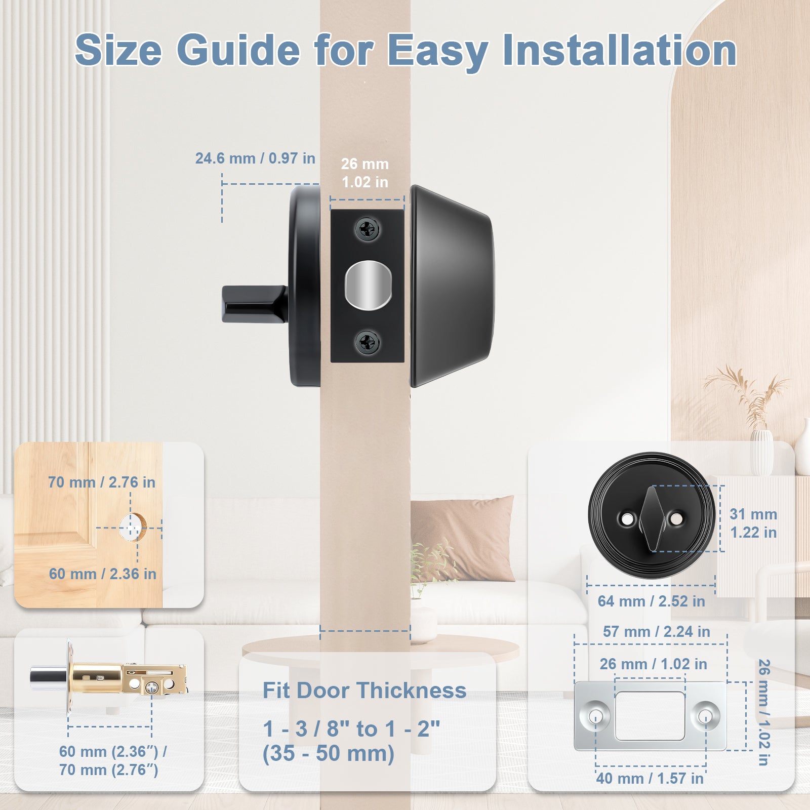 Size guide for a door handle installation with measurements and fitting information.