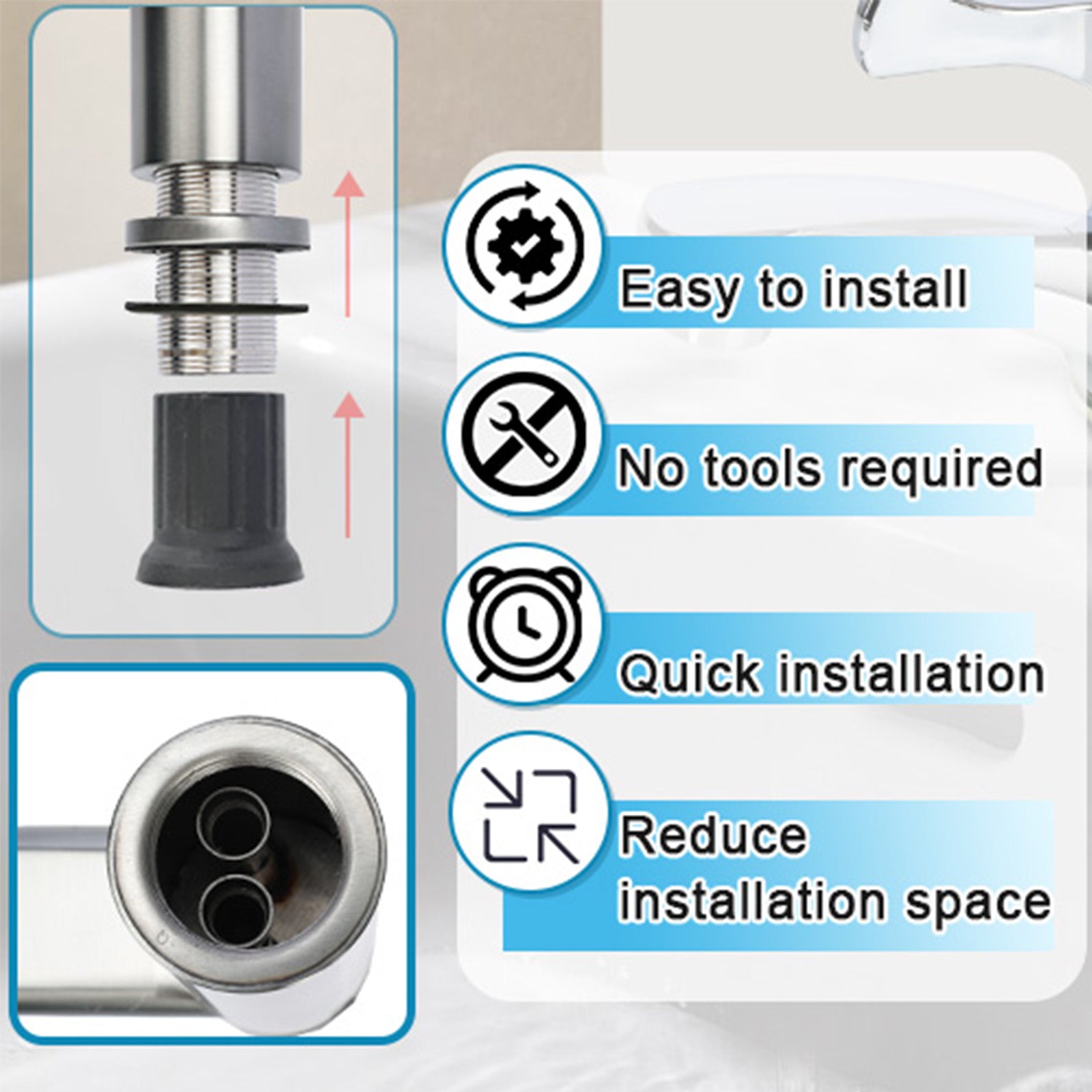 Bathroom sink drain assembly with installation features and benefits on a white background