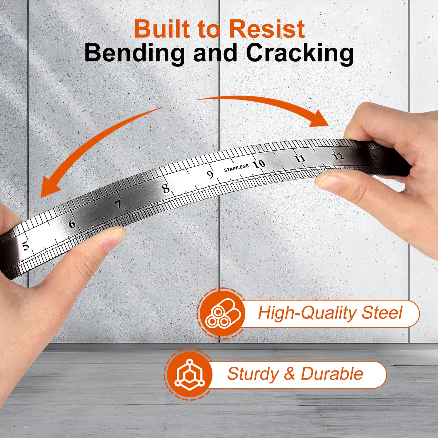 Metal ruler being stretched with text 'Built to Resist Bending and Cracking' and 'High-Quality Steel' on a gray background.