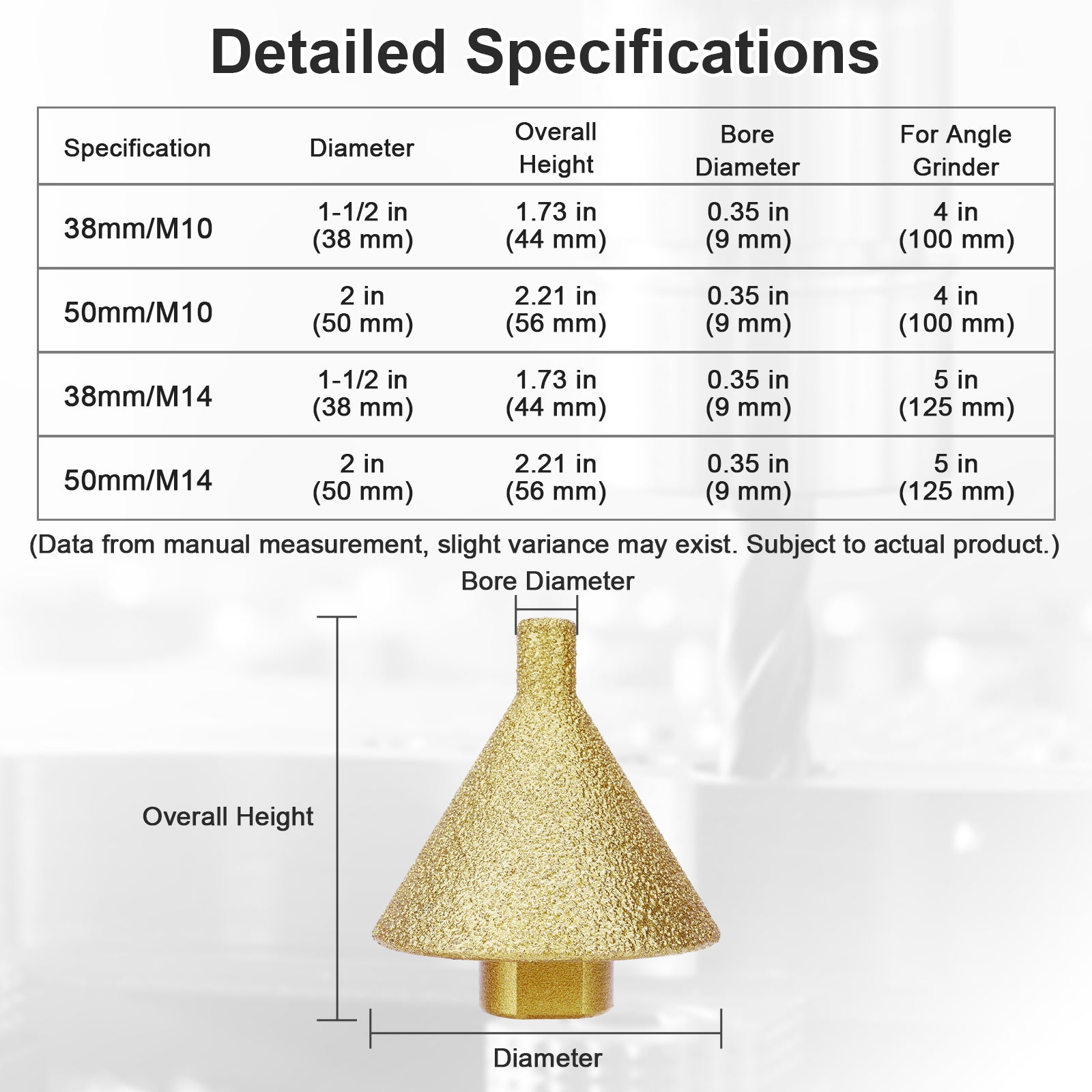 Diamond Chamfer Bit Sizes: 38/50mm, M10/M14, for 4/5 inch Angle Grinders, Stone Drilling
