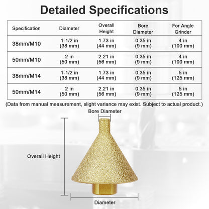 Diamond Chamfer Bit Sizes: 38/50mm, M10/M14, for 4/5 inch Angle Grinders, Stone Drilling
