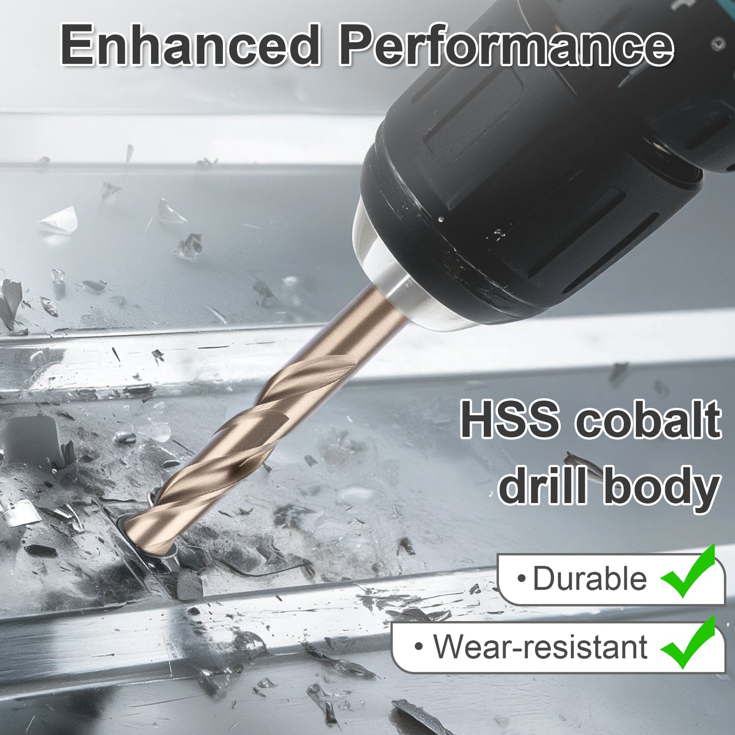 Drill bit being used on metal with text highlighting HSS cobalt drill body features.