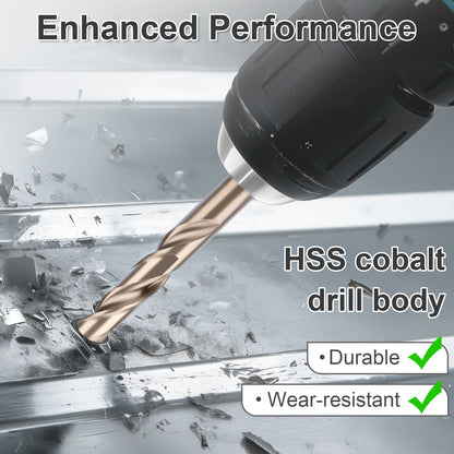 Drill bit being used on metal with text highlighting HSS cobalt drill body features.