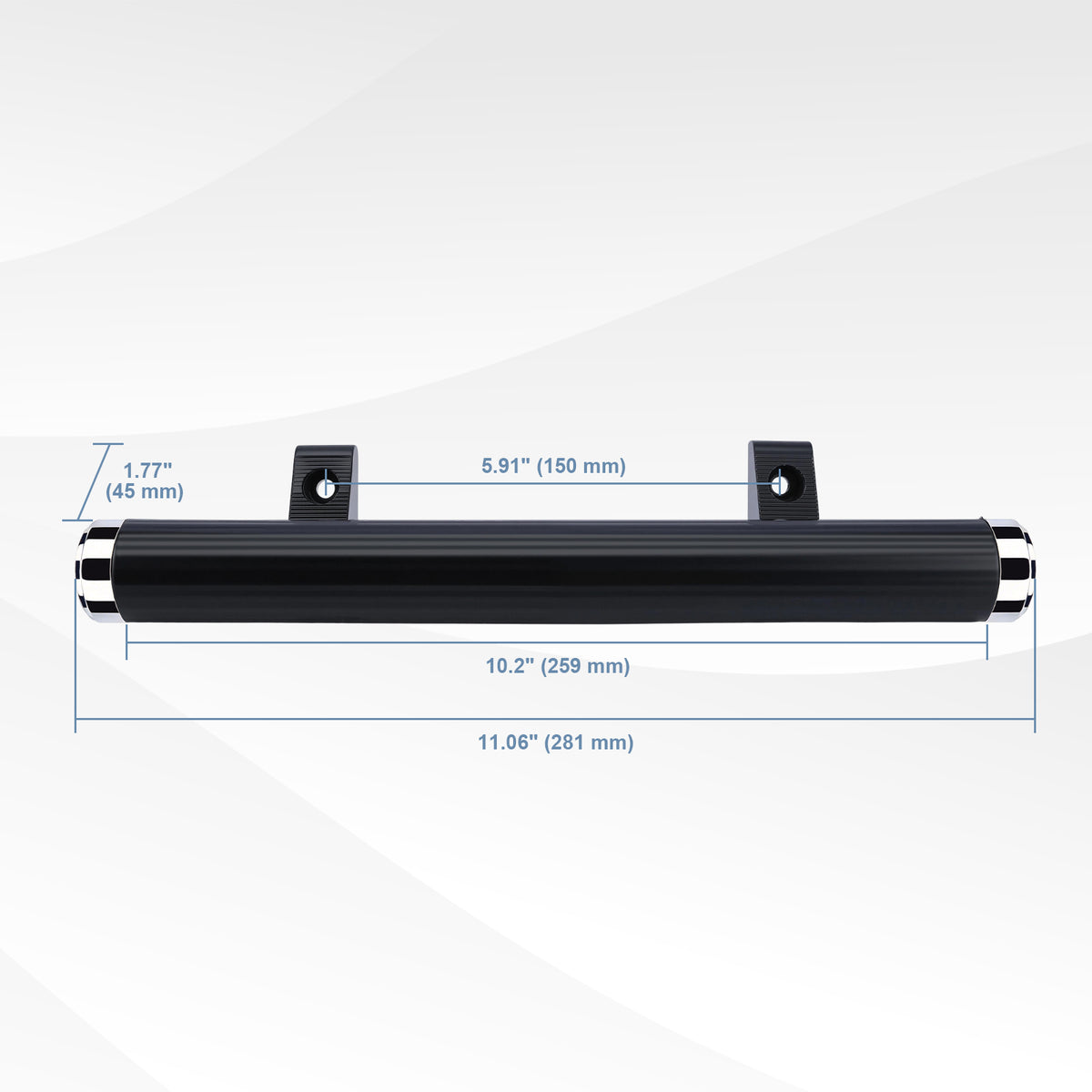 A black metal channel bar with mounting brackets, shown with dimension lines and measurements for length, width, and height on a light gray background.