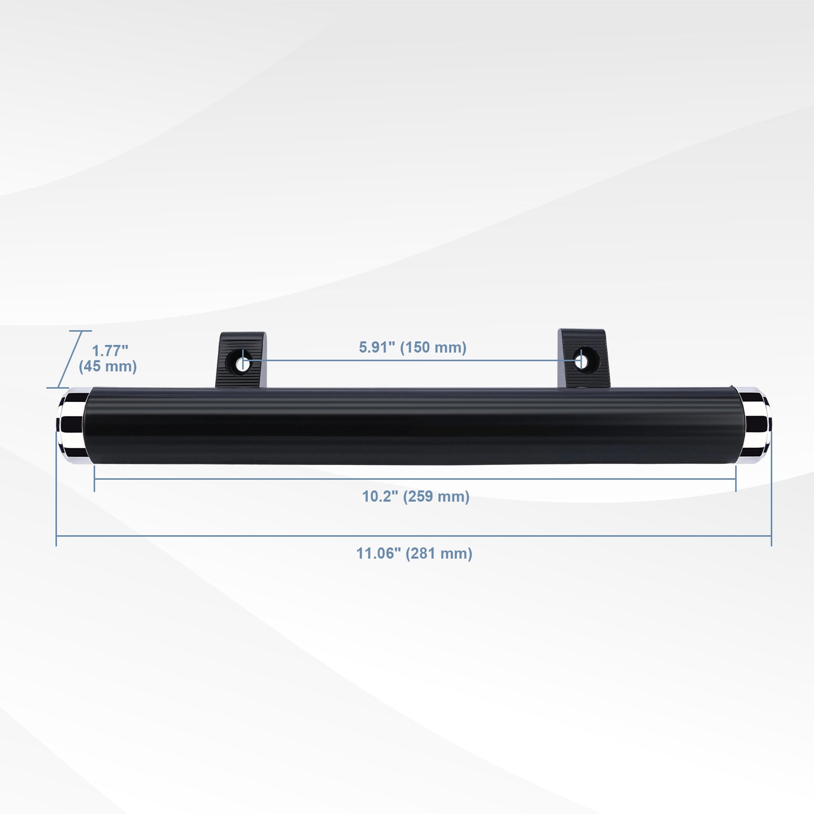 A black metal channel bar with mounting brackets, shown with dimension lines and measurements for length, width, and height on a light gray background.