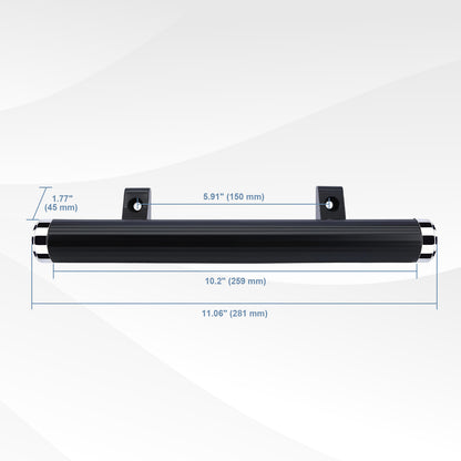 A black metal channel bar with mounting brackets, shown with dimension lines and measurements for length, width, and height on a light gray background.