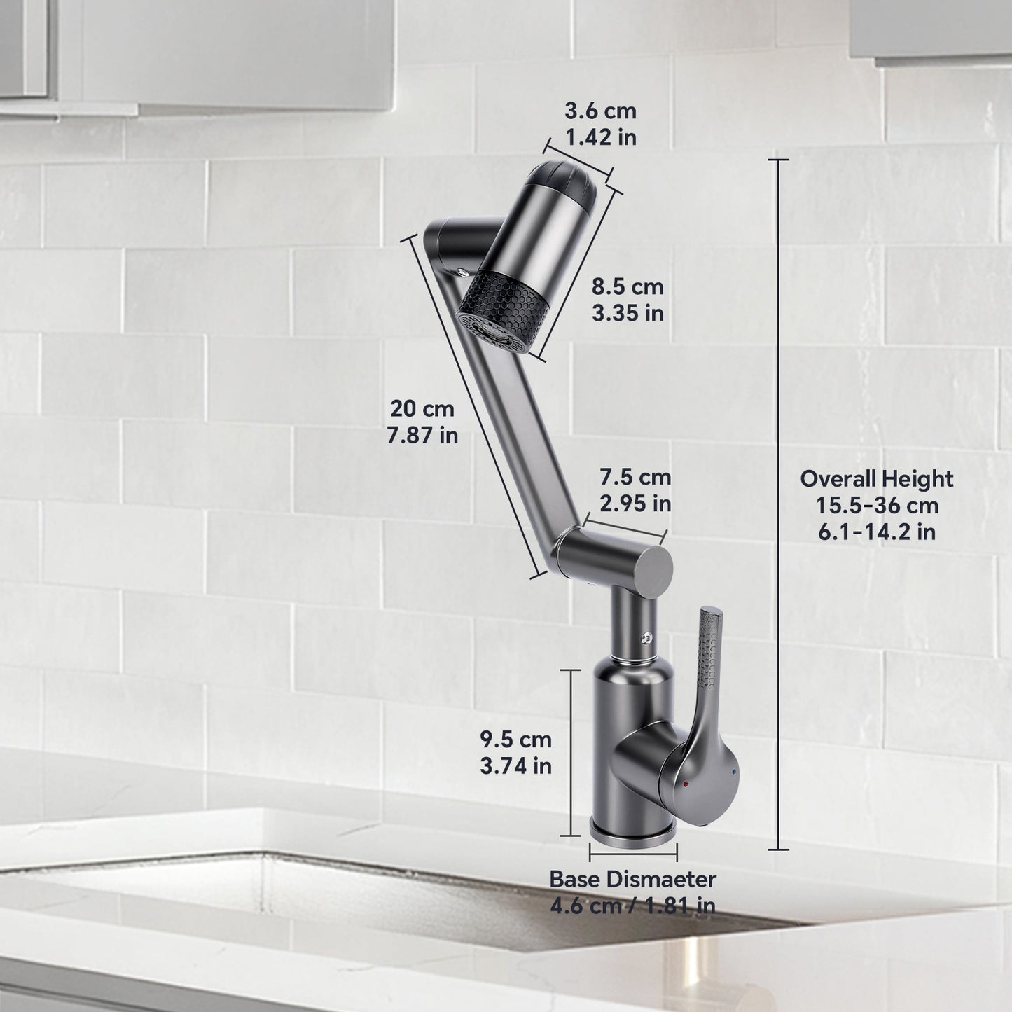 Kitchen faucet with dimensions labeled on a white tiled wall background