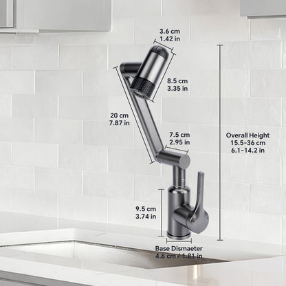 Kitchen faucet with dimensions labeled on a white tiled wall background