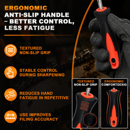 Ergonomic anti-slip screwdriver handle with a textured black and orange grip, shown being held by a gloved hand with marketing text and feature callouts on a dark background.
