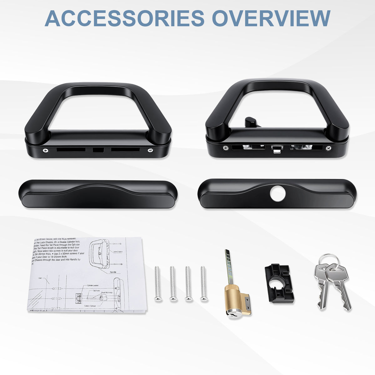 Lock pick lockset accessories overview showing the black handle cover front and back, a black horizontal bar, a black lock cylinder cover, a brass lock cylinder, two keys, mounting screws, and an instruction sheet on a white background with the text 'ACCESSORIES OVERVIEW'.