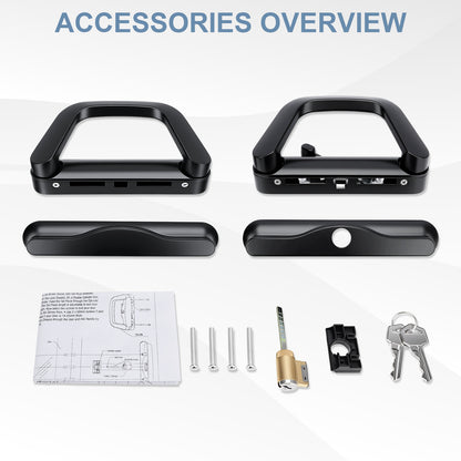 Lock pick lockset accessories overview showing the black handle cover front and back, a black horizontal bar, a black lock cylinder cover, a brass lock cylinder, two keys, mounting screws, and an instruction sheet on a white background with the text 'ACCESSORIES OVERVIEW'.