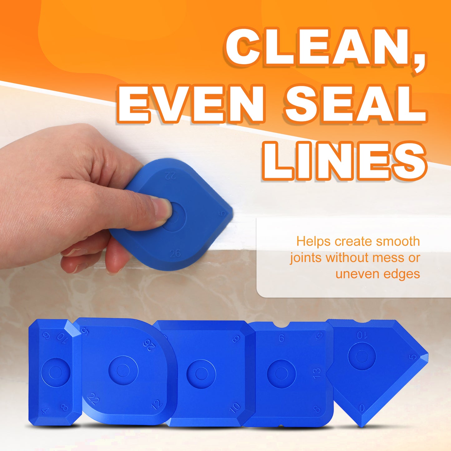 Blue tool for cleaning and sealing lines with text on an orange and white background