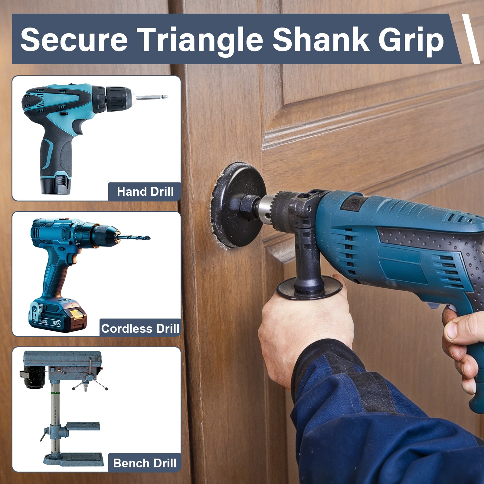Cordless drill being used on a wooden surface with hand drill and bench drill illustrations.