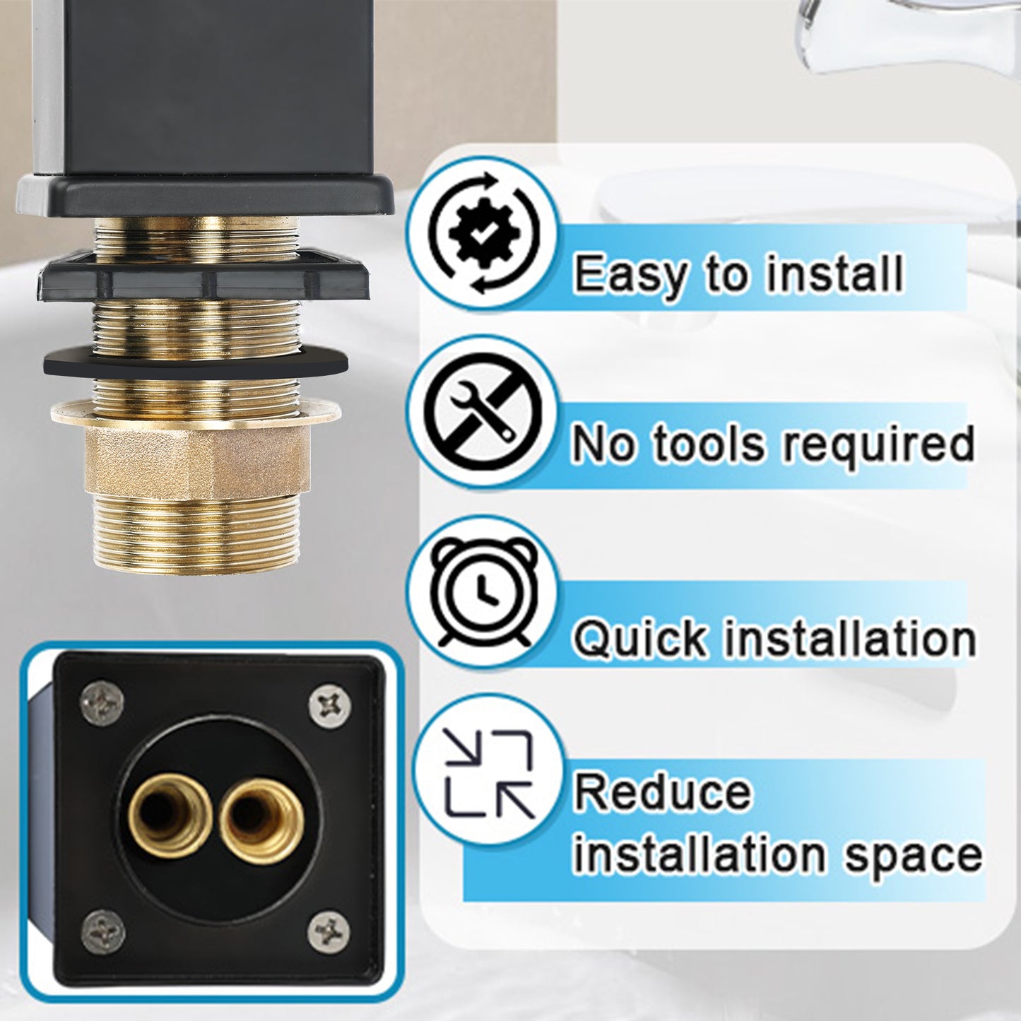 Bathroom faucet assembly with installation features and text on a white background