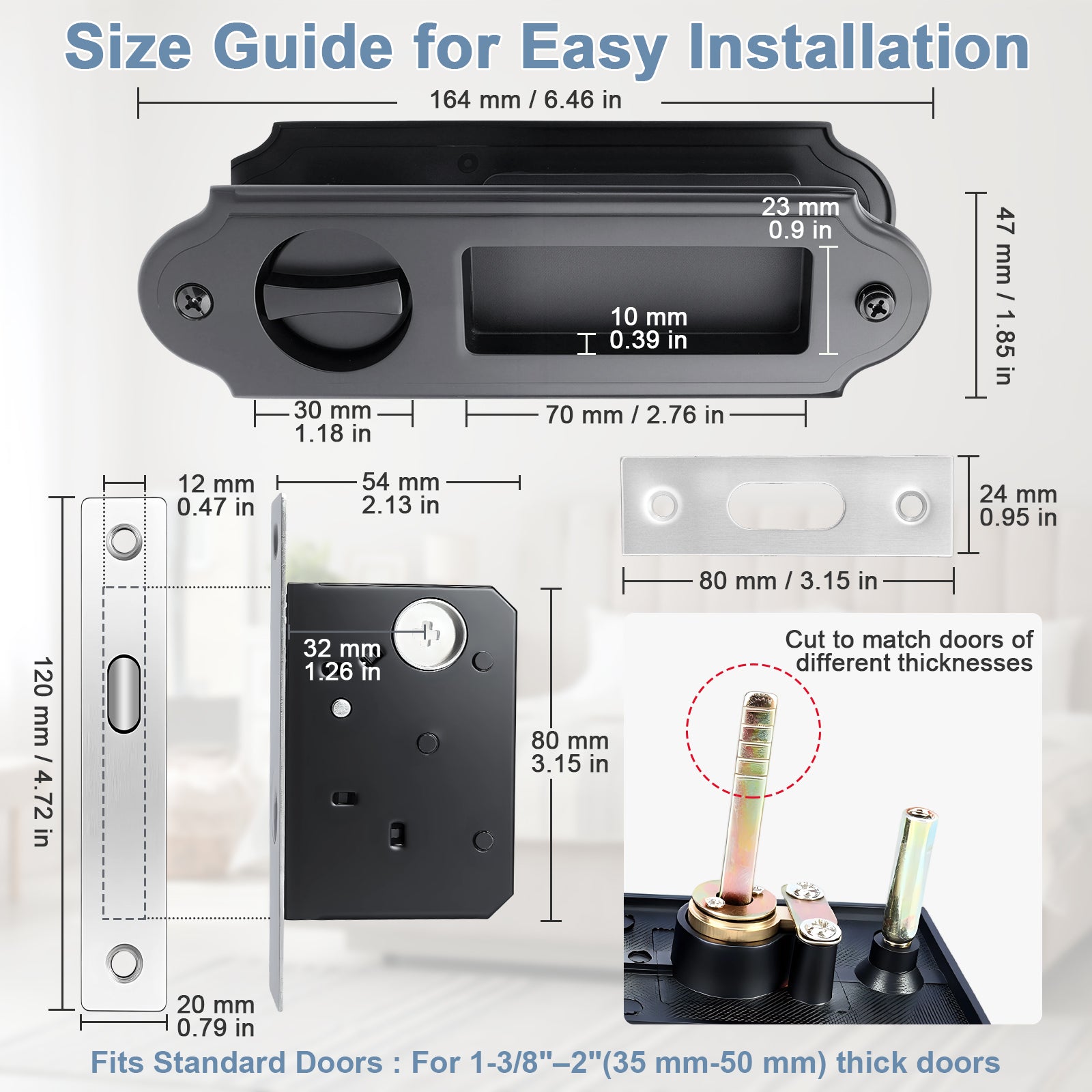Door lock mechanism with dimensions and installation guide on a white background