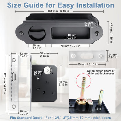 Door lock mechanism with dimensions and installation guide on a white background