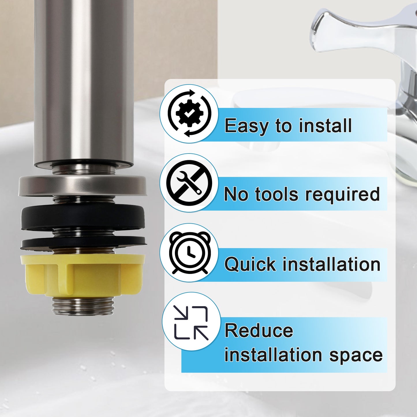 Bathroom faucet with installation features highlighted on a label