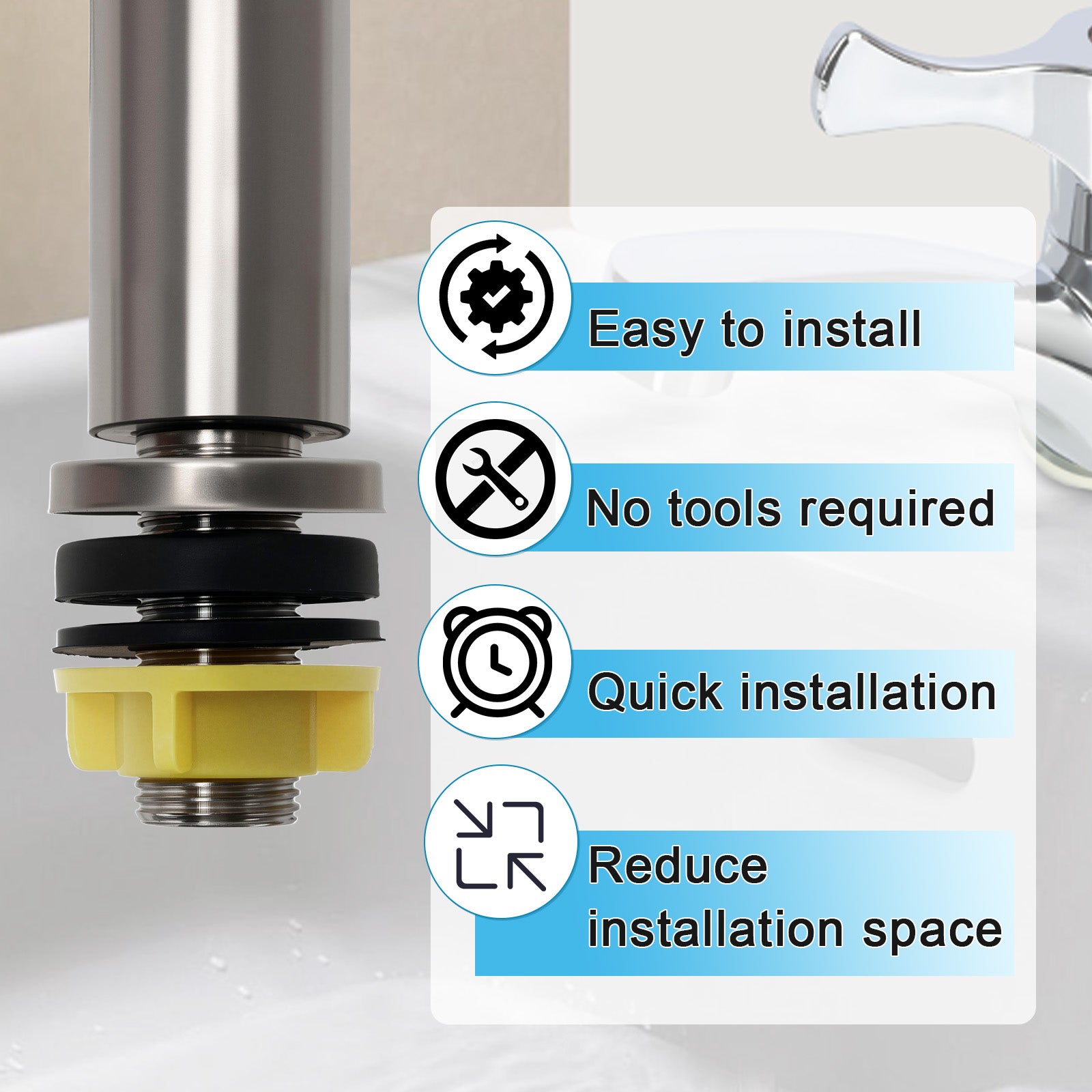 Bathroom faucet with installation features highlighted on a label