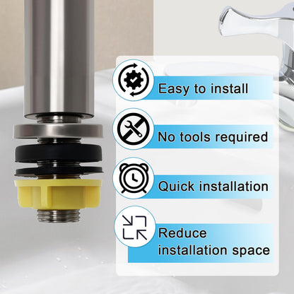 Bathroom faucet with installation features highlighted on a label