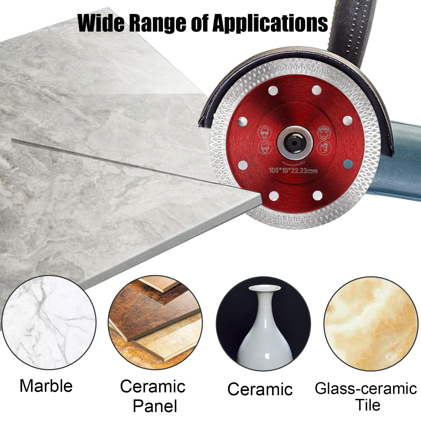 Disc grinder with red wheel on a white background, showing its application on various materials.