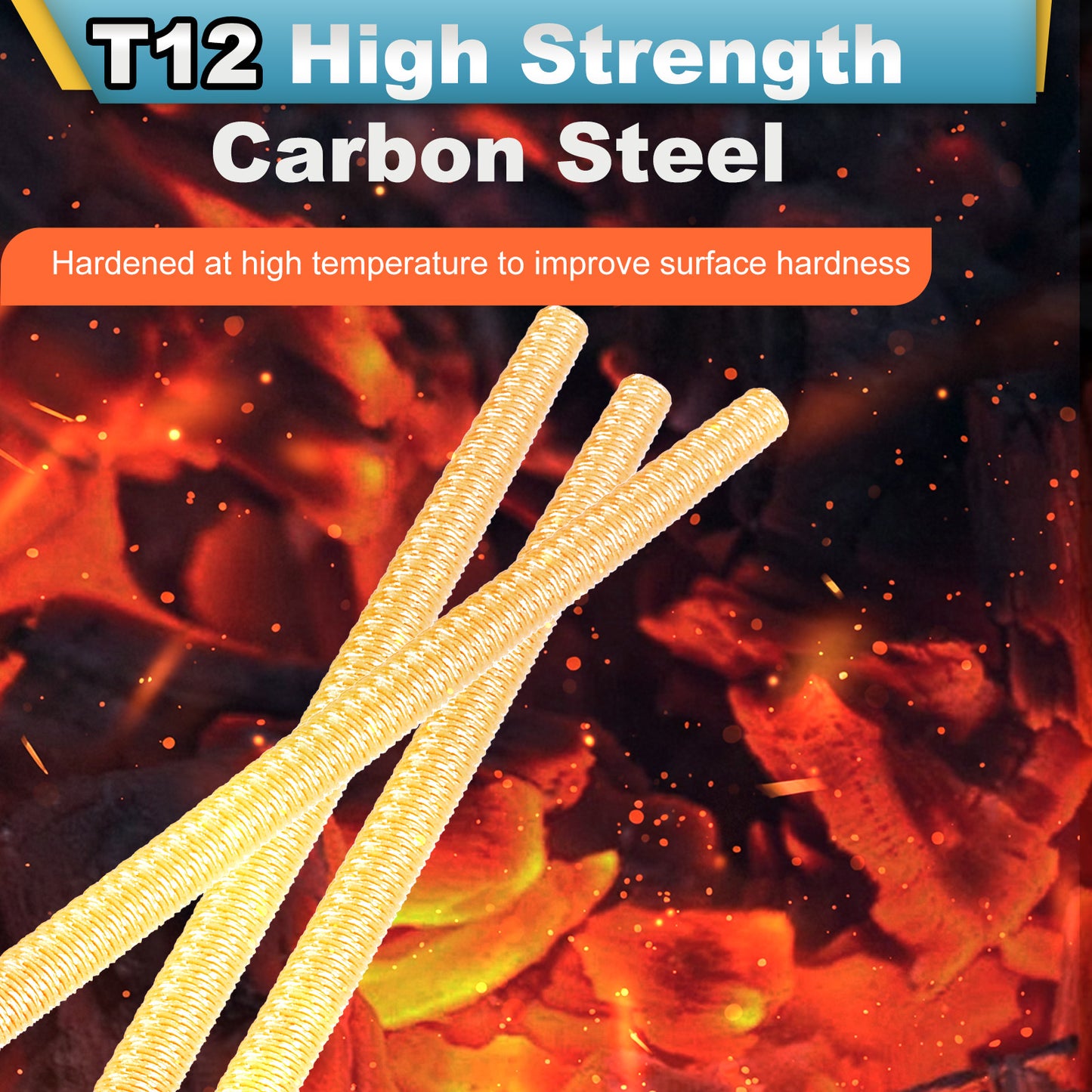 T12 High Strength Carbon Steel bars with a fiery background