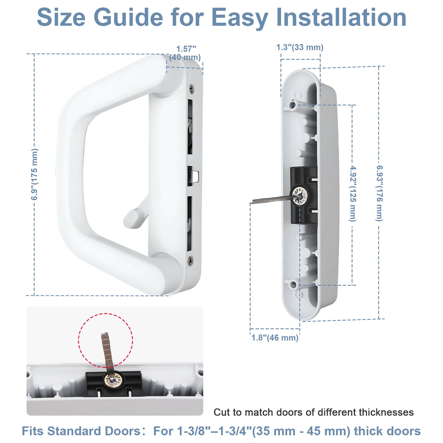 Door handle with size guide for easy installation on a white background