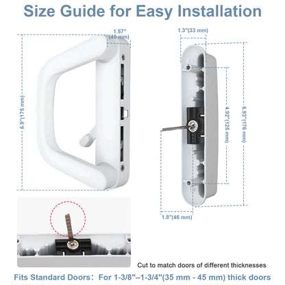 Door handle with size guide for easy installation on a white background