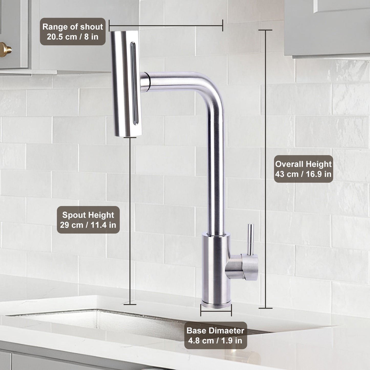 Chrome kitchen faucet with measurements on a tiled wall background