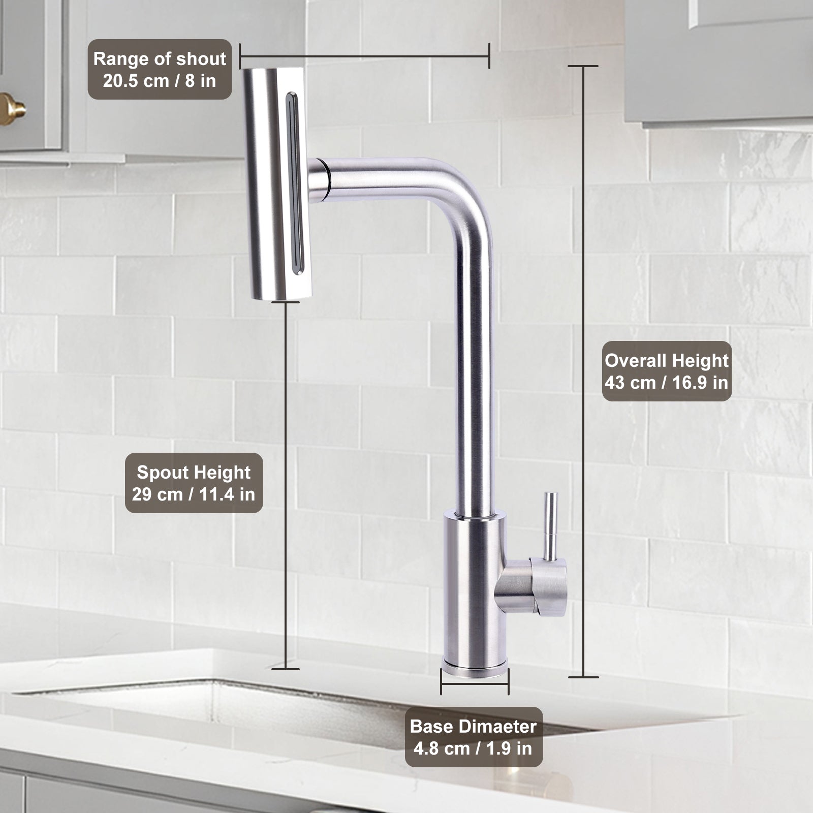 Chrome kitchen faucet with measurements on a tiled wall background