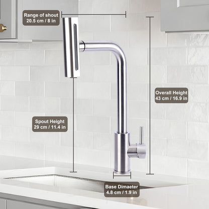 Chrome kitchen faucet with measurements on a tiled wall background