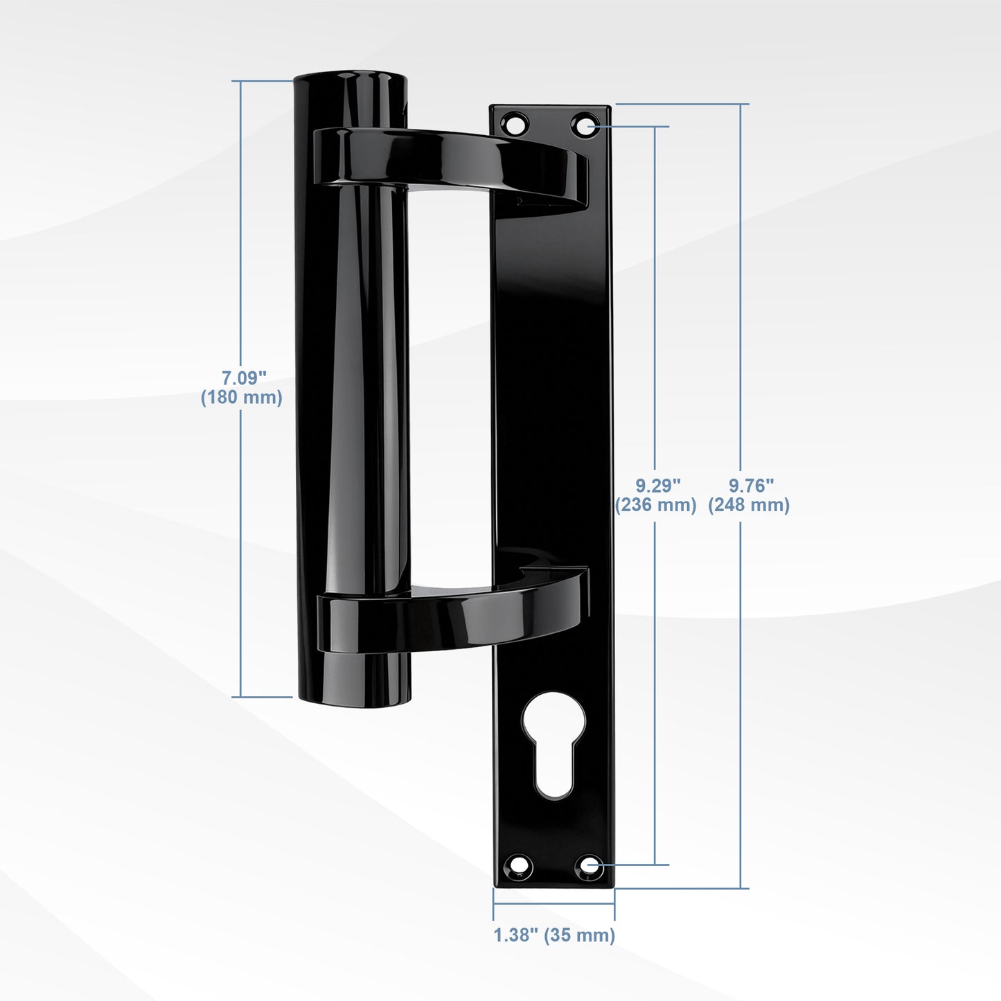Black metal door handle with dimension annotations showing height, width, and mounting plate measurements on a light gray background.