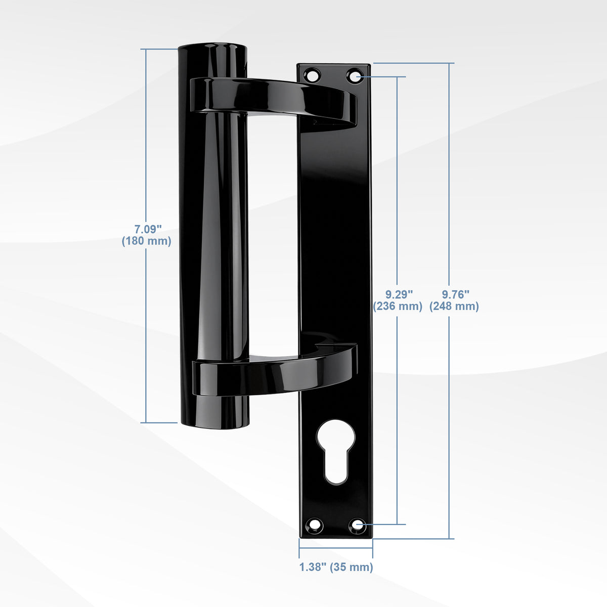 Black metal door handle with dimension annotations showing height, width, and mounting plate measurements on a light gray background.