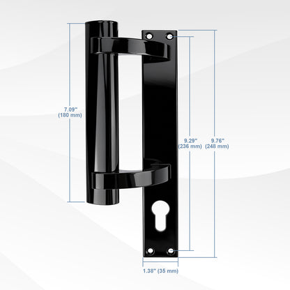 Black metal door handle with dimension annotations showing height, width, and mounting plate measurements on a light gray background.
