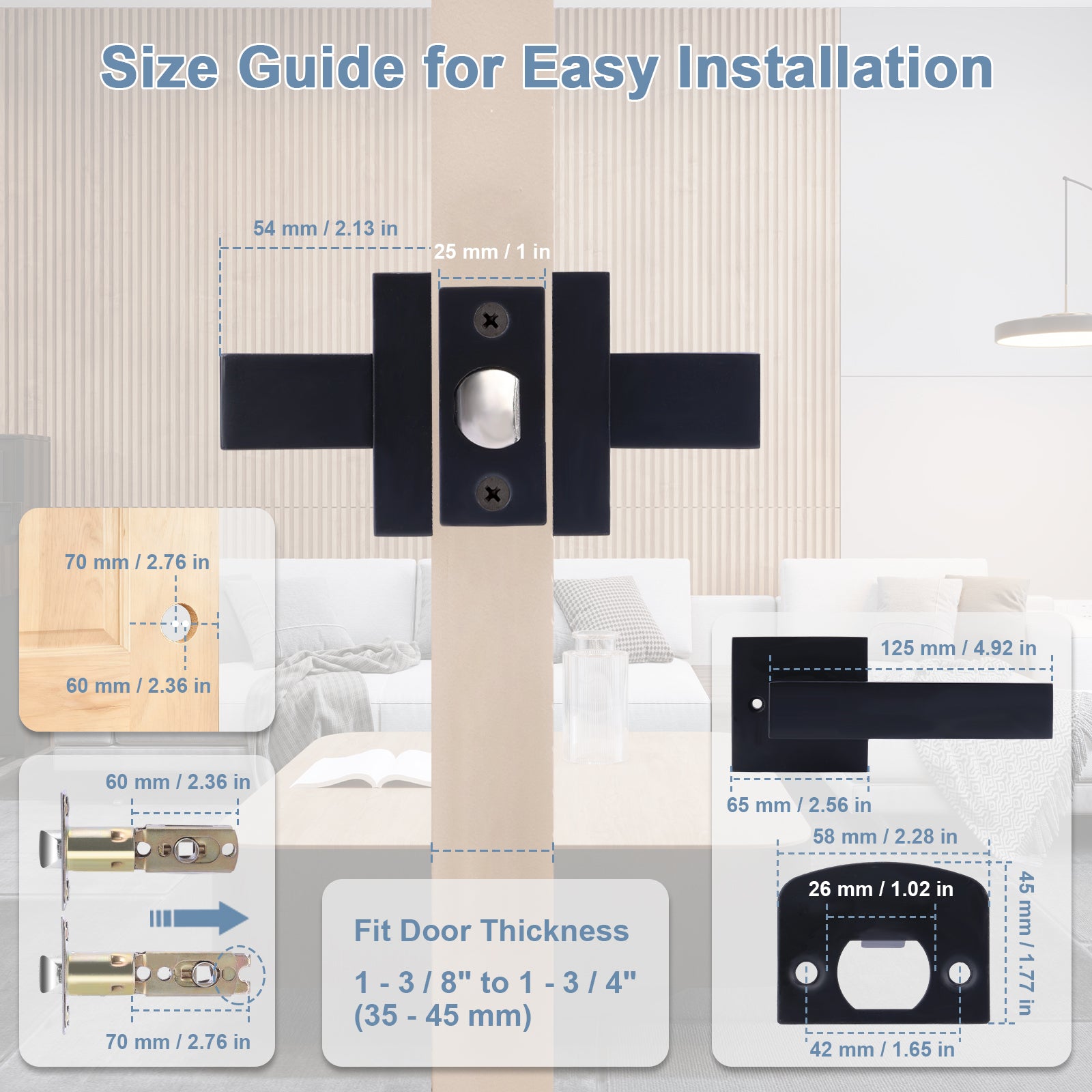 Size guide for door hardware installation with measurements and fitting options.
