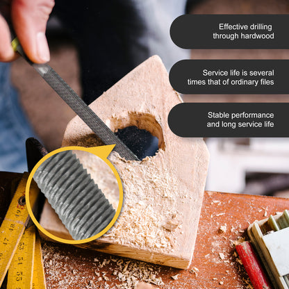 Woodworking tool being used on a piece of wood with text highlighting its features.