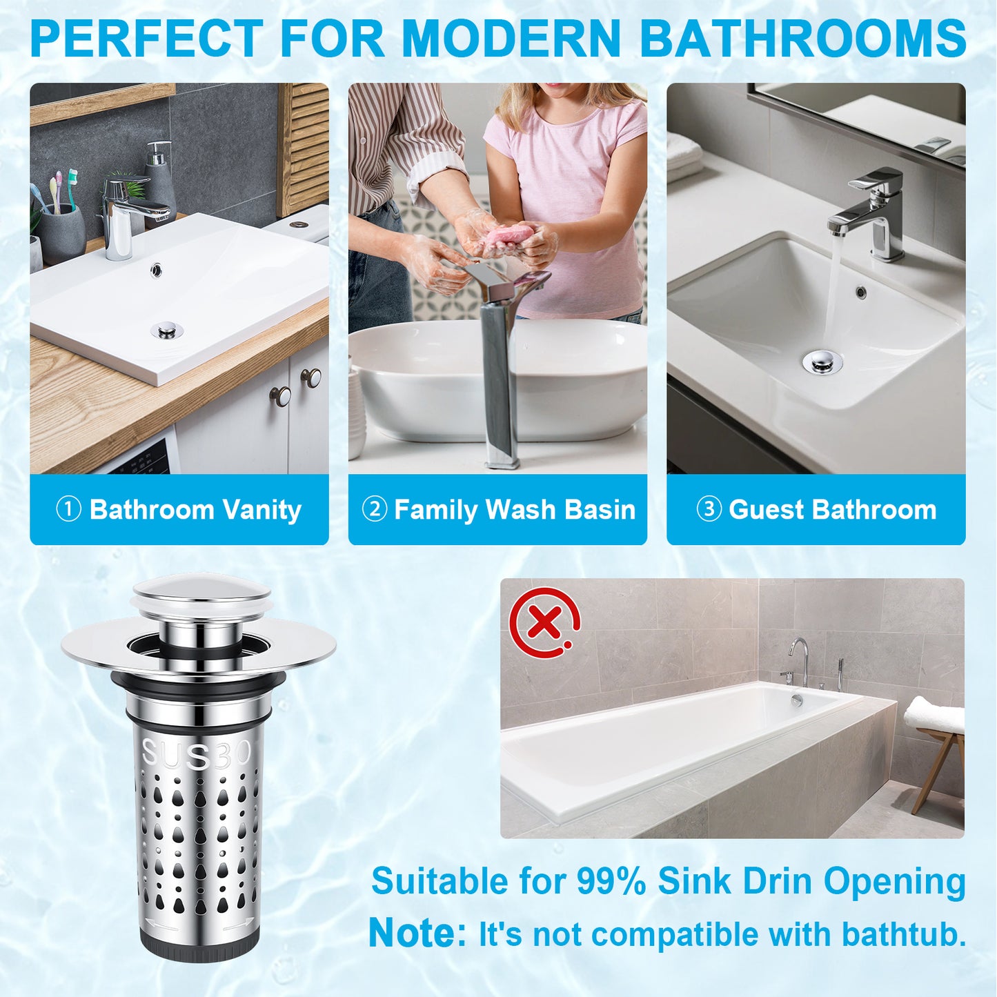 A bathroom drain filter product shown on a light blue graphic background with text reading 'PERFECT FOR MODERN BATHROOMS' and three bathroom usage photos above it. The main product is a cylindrical stainless steel sink drain strainer with a flange.