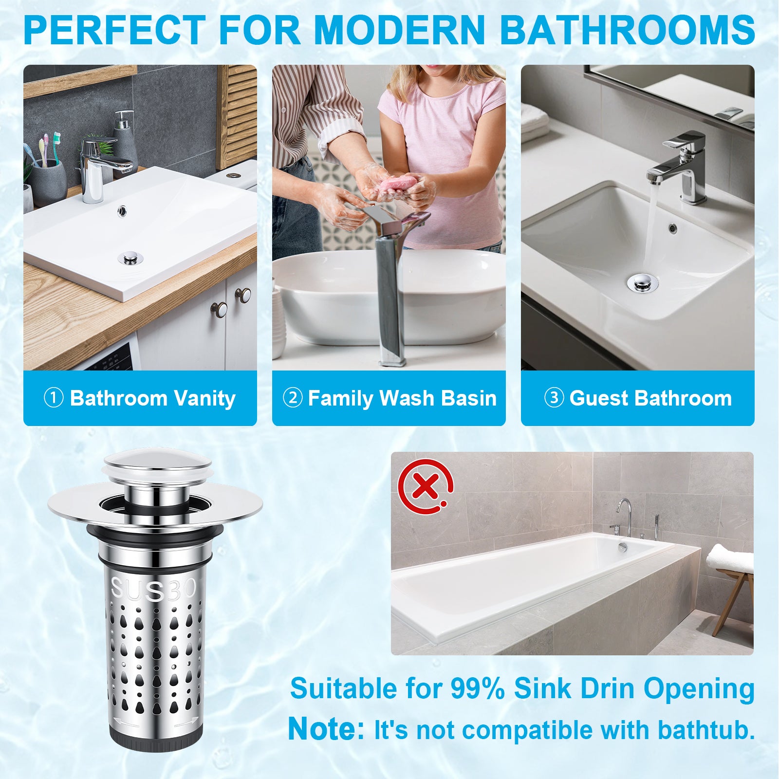 A bathroom drain filter product shown on a light blue graphic background with text reading 'PERFECT FOR MODERN BATHROOMS' and three bathroom usage photos above it. The main product is a cylindrical stainless steel sink drain strainer with a flange.